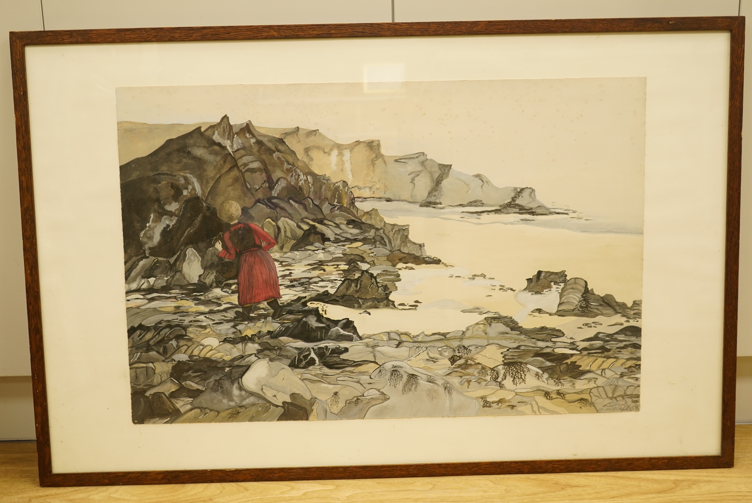 Cornish School, Woman before cliffs, indistinctly signed and dated ‘86, watercolour and gouache, 49 x 77cm